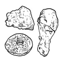 set of sketch and hand drawn fast food element fried chicken donut vector