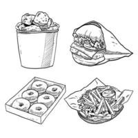 set of sketch and hand drawn engrave fried chicken burger donut and french fries vector