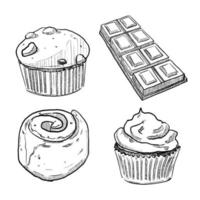 conjunto de bocetos y menú de postres dulces dibujados a mano muffin barra de chocolate rollo de canela y cupcake vector