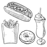 set of sketch and hand drawn fast food element french fries hotdog donut and milkshake vector