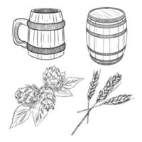 conjunto de boceto y conjunto de colección de cerveza de elementos dibujados a mano vector