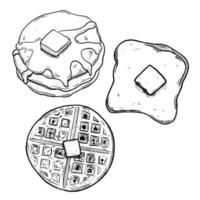 set of sketch and hand drawn breakfast lunch meal pancake toast and waffle with butter vector