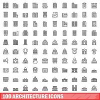 100 architecture icons set, outline style vector