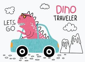 ute dinosaur with car. T-shirt graphics for kids vector illustration.