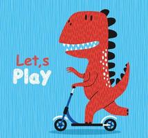 cute dinosaur riding kick scooter. vector