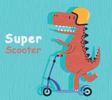 cute dinosaur riding kick scooter. vector