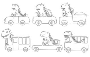 conjunto de garabatos de lindos dinosaurios montando coche. vector