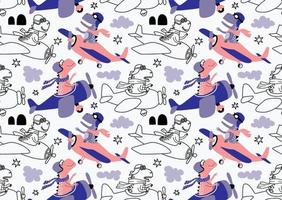 seamless pattern with with Cute dinosaurs flying in airplane. vector