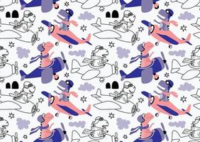 seamless pattern with with Cute dinosaurs flying in airplane. vector