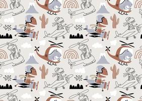 seamless pattern with with Cute dinosaurs flying in airplane. vector