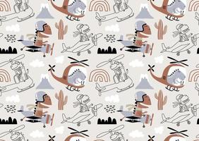 seamless pattern with with Cute dinosaurs flying in airplane. vector