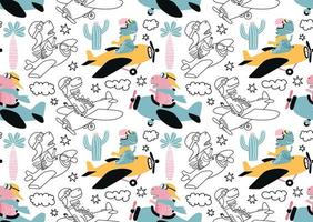seamless pattern with with Cute dinosaurs flying in airplane. vector