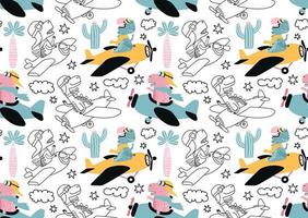 seamless pattern with with Cute dinosaurs flying in airplane. vector