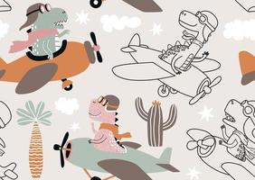 seamless pattern with with Cute dinosaurs flying in airplane. vector