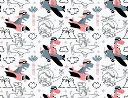seamless pattern with with Cute dinosaurs flying in airplane. vector