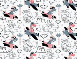 seamless pattern with with Cute dinosaurs flying in airplane. vector