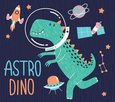 lindo dino volando en el espacio. diseño de ilustraciones vectoriales para telas de moda, gráficos textiles, estampados. vector