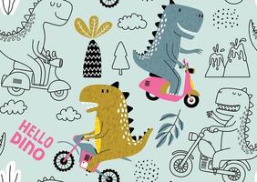 patrón impecable con un lindo dinosaurio montando una moto.