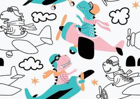 seamless pattern with with Cute dinosaurs flying in airplane. vector