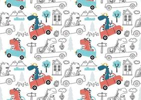 seamless pattern with cute dinosaur driving cars. vector