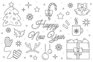 conjunto de elementos navideños. dibujo lineal de decoraciones y objetos de año nuevo. diseño de texto de vacaciones. ilustración de línea vectorial aislada. vector