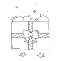 Holiday box with Christmas decorations. Drawing of box with ribbons and bow on white background. New Year Vector illustration, coloring page.