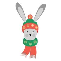 Christmas Rabbit. New Year vector illustration hare in winter cap and scarf. Symbol of the New Year 2023.