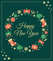 New Year greeting card. Vector illustration of holiday wreath. Happy New Year text design.