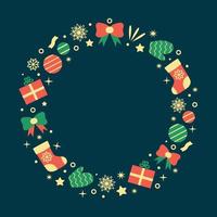 corona de Navidad. conjunto de elementos de vacaciones de invierno. ilustración de vector de caja de regalo de objetos de Navidad, calcetín, copo de nieve, mitones, arco. composición de año nuevo.