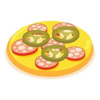 Pepperoni pizza icon isometric vector. Fresh pizza with sausage on wooden plate vector