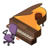 icono de piano de cola vector isométrico. Silla y instrumento de música de cuerda de teclado