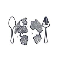 hand drawn doodle fork and spoon with globe illustration vector