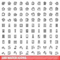 100 water icons set, outline style vector