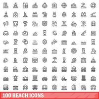 100 iconos de playa, estilo de esquema vector