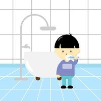 A boy is brushing his teeth in the bathroom vector