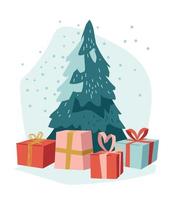 árbol de navidad en la nieve. regalos de navidad bajo el árbol. estado de ánimo de año nuevo. imagen vectorial vector