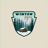 cabaña o casa de campo en el diseño gráfico de la plantilla de ilustración vectorial del logotipo del emblema del paisaje invernal. nieve en la pancarta del bosque natural para viajes o turismo de negocios vector