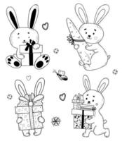 Cute holiday bunnies with gifts in box with bow and carrot. Vector illustration. Isolated elements in style of hand drawn linear doodles. animal for design, decor, greeting cards and valentines.