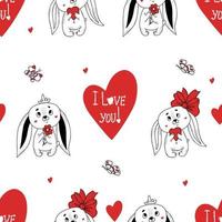 Seamless romantic pattern. pair of cute enamored rabbits and big heart with text I love you on white background with butterflies. Vector illustration. Outline drawn doodle style for design and decor