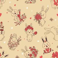 Seamless pattern with cute rabbit character. Cute bunnies with gifts and carrots, with bouquet and floral wreath, ballerina hare on light background with hearts. Vector illustration.Outline