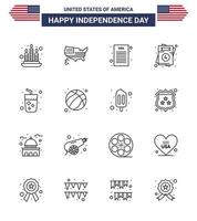 Happy Independence Day 4th July Set of 16 Lines American Pictograph of wine drink declaration of independence alcohol usa Editable USA Day Vector Design Elements