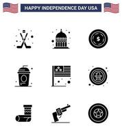 Happy Independence Day USA Pack of 9 Creative Solid Glyphs of country independece american holiday cole Editable USA Day Vector Design Elements