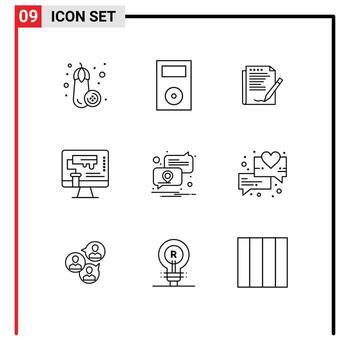 conjunto de esquema de interfaz móvil de 9 pictogramas de herramienta rodillo de pintura acuerdo diseño papel elementos de diseño vectorial editables vector