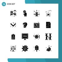 Pack of 16 Modern Solid Glyphs Signs and Symbols for Web Print Media such as down spring chinese light sun Editable Vector Design Elements