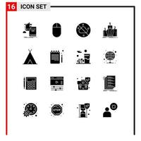 16 Thematic Vector Solid Glyphs and Editable Symbols of tent holidays sky royal leadership Editable Vector Design Elements