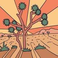 árbol de joshua en el diseño de impresión del parque nacional del desierto. paisaje de la tarde al atardecer. ilustración vectorial retro lineal dibujada a mano. vector