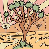 joshua tree arizona desert adventure landscape. Linear retro vector artwork. Sunset background.