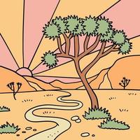 desierto de joshua con paisaje de árboles. desierto polvoriento de la naturaleza del salvaje oeste de américa con praderas de arizona, senderos y rocas del cañón. ilustración vectorial lineal dibujada a mano. vector