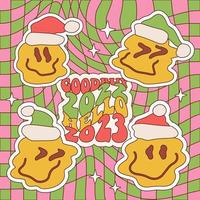 Christmas abstract comic faces in Santa hats set with various fun emotions on a checkered background. Different melting characters. Trendy retro print in style 60s, 70s. Vector linear illustration.