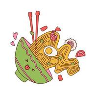 Noodles splashing out of the bowl. Cute funny Ramen bowl character with laughing kawaii face. Vector hand drawn contour kawaii character illustration icon Isolated on white background.